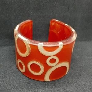 Vintage 70s Rare Chunky Cuff Bracelet Orange & Beige Circle Geometric Design